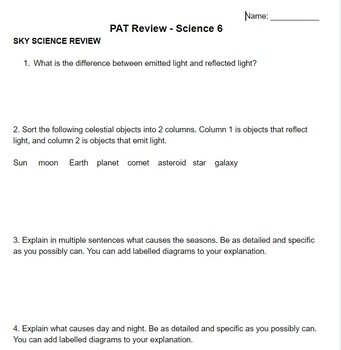 Preview of PAT Review Questions - Science 6 Alberta (GOOGLE DOC VERSION)