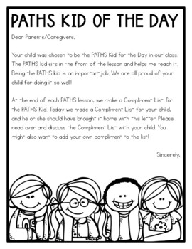 Preview of PATHS Kid of the Day Compliment Sheet Alternative