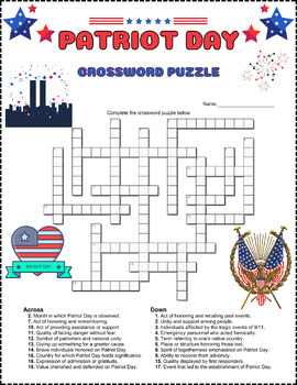 Preview of PATRIOT DAY Crossword Puzzle with Small Coloring Symbols B/W ⭐No Prep⭐