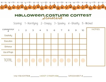 Preview of PDF Digital Download l Halloween Costume Contest - Scorecard l 5 - 10 Contestant