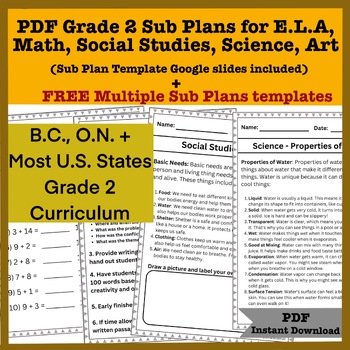 Preview of PDF Grade 2 Sub Plans, with Free Sub Plans Teacher Template, TTOC Template, Plan