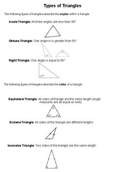 PDF Notes: Triangle Types, Triangle Angle Sum Theorem, Pythagorean Theorem