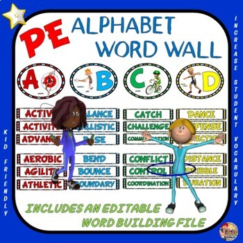 Preview of PE Alphabet Word Wall- Complete Display and Editable Word Building File
