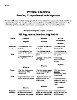 Preview of PE Argumentative Writing Assignment and Rubric