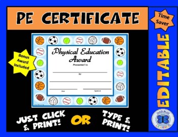 Preview of PE Certificate VI with Bonus Award- Editable (Blue)