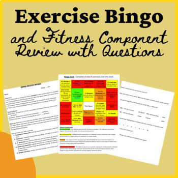 Preview of PE Distance Learning Exercise Bingo and Fitness Component Review with Questions