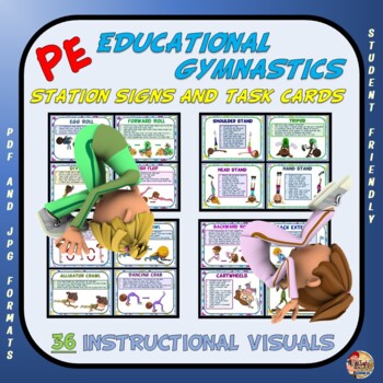 Preview of PE Educational Gymnastics Station Signs and Task Cards- 36 Instructional Visuals