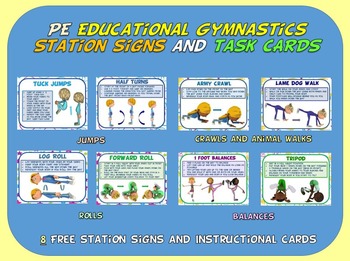 Preview of PE Educational Gymnastics Station Signs and Task Cards- 8 FREE Signs and Cards