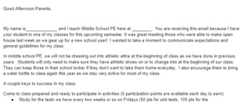 Preview of PE: New School Year Class Expectations Parent Email