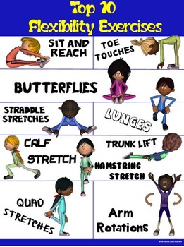 PE Poster: Top 10 Flexibility Exercises by Cap'n Pete's Power PE