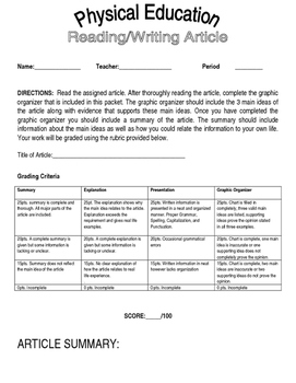 Preview of PE Reading Writing Assignment with Graphic Organizer