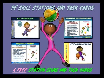 Preview of PE Skill Stations and Task Cards! - “4 Free Station Signs and Task Cards”