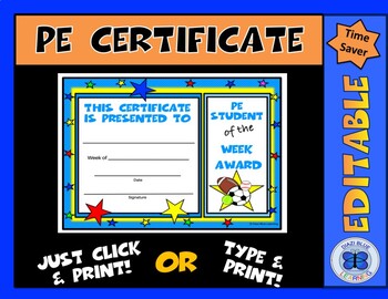 PE Certificate Student of the Week Award Editable by Diazi Blue