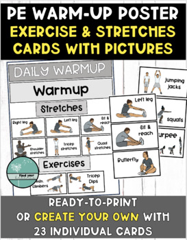 Preview of PE Warm-up Poster - Exercise & Stretches Cards with Pictures - Daily Warm-up