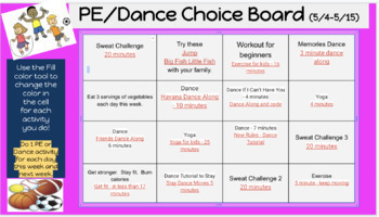 Preview of PE and Dance Choice Board