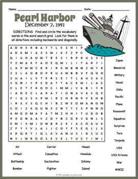 Preview of PEARL HARBOR DAY Word Search Puzzle Worksheet Activity