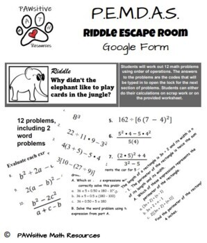 Preview of PEMDAS Order of Operations Riddle Escape Room Activity (Google Forms)