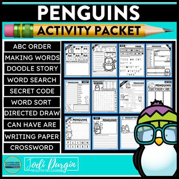 Preview of PENGUINS ACTIVITY PACKET word search worksheets ARCTIC ANIMALS directed drawing