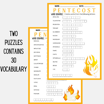 PENTECOST word scramble puzzle worksheet activity by Mind Games Studio