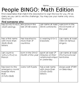 Preview of PEOPLE BINGO MATH EDITION EDITABLE, BACK TO SCHOOL, MATH ABOUT ME, ALL ABOUT ME