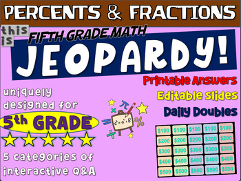 Preview of PERCENTS AND FRACTIONS - Fifth Grade MATH JEOPARDY! handouts & Game Slides