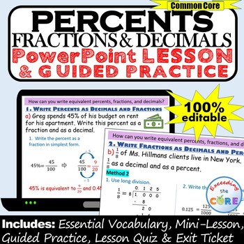 Preview of PERCENTS, FRACTIONS & DECIMALS PowerPoint Lesson & Practice | Distance Learning