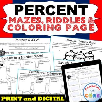 Preview of PERCENTS Mazes, Riddles & Color by Number Coloring Page | Print and Digital