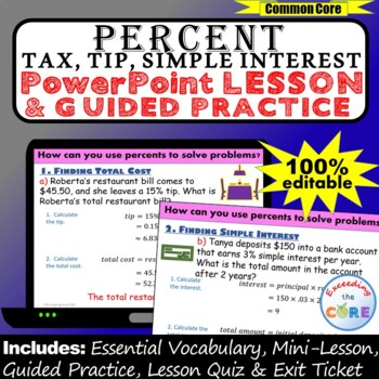 Preview of PERCENT TAX, TIP, SIMPLE INTEREST PowerPoint Lesson & Practice | Digital
