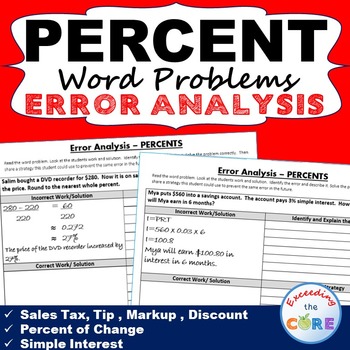 Preview of PERCENTS Word Problems -  Error Analysis  (Find the Error)