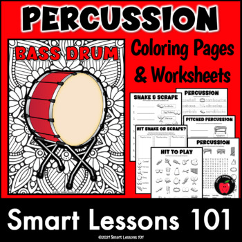 Preview of PERCUSSION FAMILY INSTRUMENTS Coloring Pages Worksheets Music Posters Activities