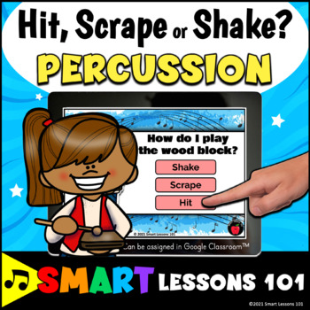 Preview of PERCUSSION INSTRUMENTS HIT SHAKE or SCRAPE Boom Cards™ Percussion Music Lesson