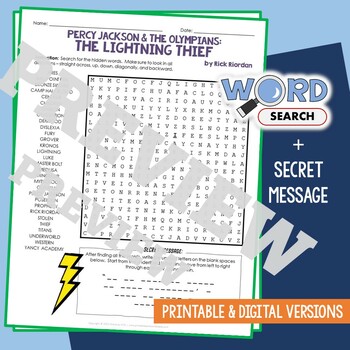 Preview of PERCY JACKSON THE LIGHTNING THIEF Word Search Puzzle Novel Book Review Activity