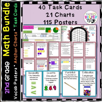 Preview of 2nd Grade BUNDLE All Math Units | Virtual | Vocab | Anchor Charts | TaskCards!