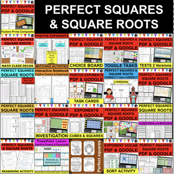 Preview of PERFECT SQUARES & SQUARE ROOTS Positive Exponents BUNDLE (PDF & GOOGLE SLIDES)