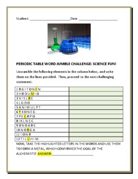 Preview of PERIODIC TABLE: ELEMENTS : WORD JUMBLE FUN W/ ANSWER KEY