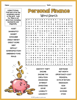 Preview of PERSONAL FINANCE Word Search Worksheet Activity - 6th, 7th, 8th, 9th Grade