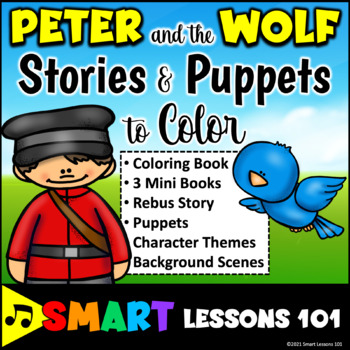 Preview of PETER and the WOLF STORIES and PUPPETS to COLOR Music Worksheets Mini Books