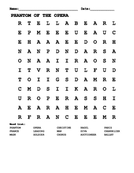 Preview of PHANTOM OF THE OPERA WORD SEARCH! GREAT "BACK TO SCHOOL" ACTIVITY!
