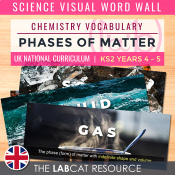 Preview of PHASES OF MATTER | Science Visual Word Wall (Chemistry Vocabulary) [UK]