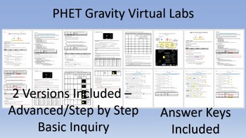 Preview of PHET Gravity and Gravity and Orbits Virtual Labs Worksheets and Answer Keys