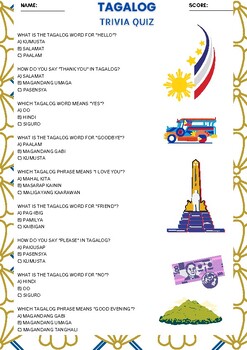 Preview of PHILIPPINES TAGALOG Language Trivia Quiz Activity