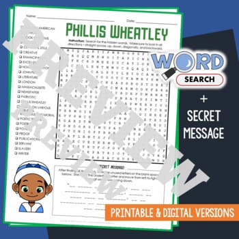 Preview of PHILLIS WHEATLEY Word Search Puzzle Activity Vocabulary Worksheet Secret Message