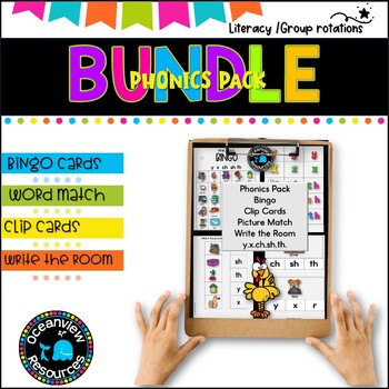 Preview of PHONICS BUNDLE- Bingo cards, worksheets, peg cards, word match,