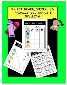 Preview of PHONICS: FILL IN THE MISSING LETTERS TO MAKE CVC WORDS, MATCHING, BUILD CVC WORD