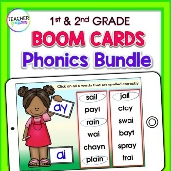 Preview of PHONICS GAMES 1st 2nd Grade REVIEW Vowel Teams Silent E Digraph BOOM CARD Bundle