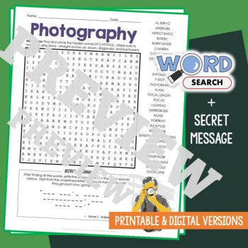 Preview of PHOTOGRAPHY Word Search Puzzle Activity Vocabulary Worksheet Secret Code