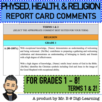 Preview of PHYSED, RELIGION, & HEALTH REPORT CARD COMMENTS (GRADES 1 - 8)