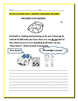 Preview of PHYSICS RESEARCH WRITING PROMPT: THE EARTH'S SPEED &  ITS ORBIT GRS:4-8, MG