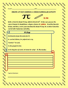 Preview of PI DAY: A LIMERICK ACTIVITY. GRS. 4-8, ESL