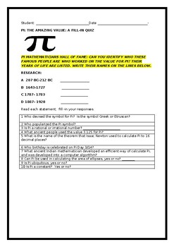 Preview of PI DAY FILL-IN QUIZ/ GRADES 8-12, MG, AP GEOMETRY, W/ANSWER KEY